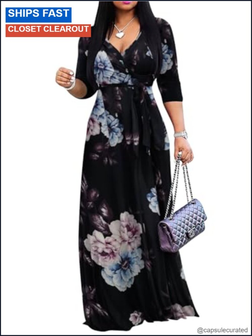 Womens Maxi Dress 95% Polyester 5% Spandex 3/4 Sleeve Wrap V Neck Sundress